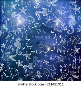 Cartoon marine background. Card with sea dwellers.  Elements of this image furnished by NASA. 