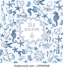 Cartoon marine background. Vector illustration. Card with sea dwellers.