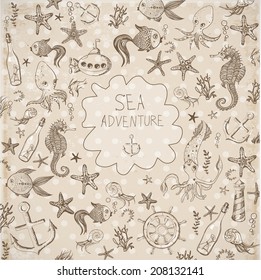 Cartoon marine background. Vector illustration. Card with sea dwellers. 