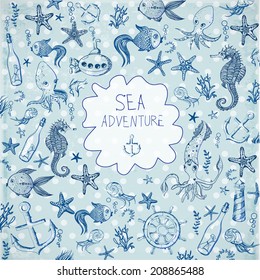 Cartoon marine background. Vector illustration. Card with sea dwellers. 