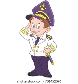 Cartoon marine captain, navy sailor, isolated on white background. Colorful book page design for kids and children.