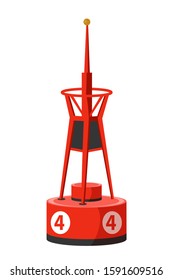 Cartoon marine coastal cone red buoy with number four and lighter on top isolated on white. Nautical equipment for safety in sea and ocean. Travel way navigation. Vector flat illustration