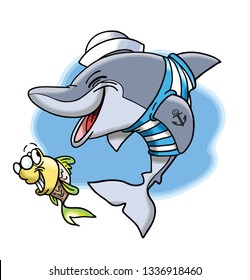 Cartoon marine dolphin and his cute little fish friend vector illustration