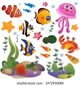 Cartoon marine inhabitants of the underwater world. Coral reef with little fishes, jellyfish, crab and sea star. Colorful vector set for kids.