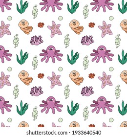 Cartoon marine inhabitants. Vector seamless pattern. Octopus and jellyfish