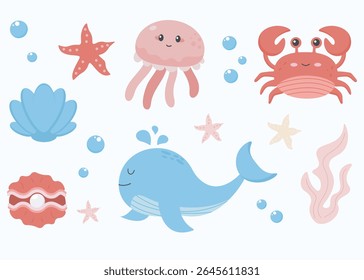 cartoon marine life collection with whale jellyfish crab seaweed and bubbles 