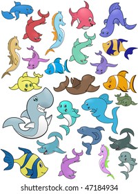Cartoon Marine Life isolated on white - vector illustration