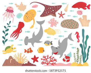 Cartoon marine life. Sea world animal, underwater fish plants objects. Ocean wild fauna shark turtle, flat aquarium decent vector characters