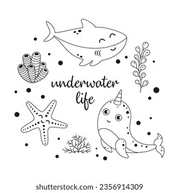 cartoon marine poster with black and white sea animals, underwater life with shark, narwhal, starfish and lettering on white background