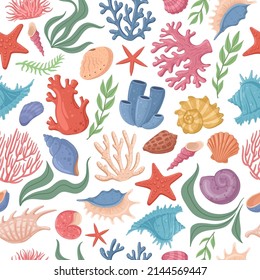 Cartoon marine sea shell, starfish, coral seamless pattern. Ocean underwater clams, seashells, coral and seaweed vector symbols background set. Marine wildlife elements