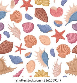 Cartoon marine sea shells, starfish and corals seamless pattern. Underwater fauna, scallops, mollusks and shellfishes vector background illustration. Seashells endless design pattern