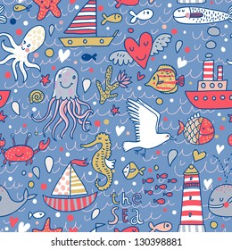 Cartoon marine seamless pattern for childish wallpapers. Octopus, seagulls, fish, whale, sea horse, crab and ships at sea in vector