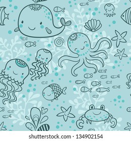 Cartoon marine seamless pattern for childish wallpapers. Whale, octopus, jellyfish, fish, crab, starfishe in cartoon background in vector.