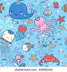 Cartoon marine seamless pattern for childish wallpapers. Whale, octopus, jellyfish, fish, crab, starfishe in cartoon background in vector.