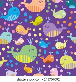 Cartoon marine seamless pattern for childish wallpapers  with whales and flowers