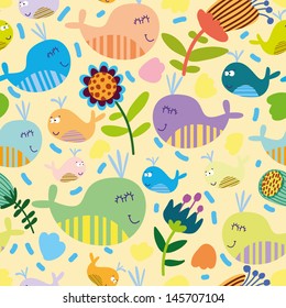 Cartoon marine seamless pattern for childish wallpapers  with whales and flowers