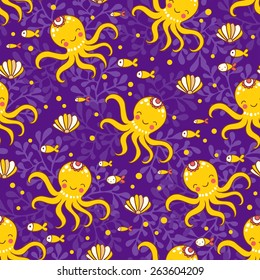 Cartoon marine seamless pattern for childish wallpapers. Octopus, fish, corals, shells in cartoon background in vector.