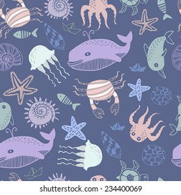 Cartoon marine seamless pattern with colorful sea creatures 