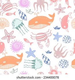 Cartoon marine seamless pattern with colorful sea creatures 