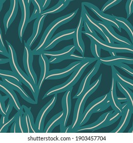 Cartoon marine seamless pattern with green seaweed shapes. Turquoise background. Random aqua flora print. Designed for fabric design, textile print, wrapping, cover. Vector illustration