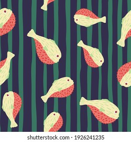 Cartoon marine seamless pattern with random pufferfish silhouettes ornament. Navy blue and green striped background. Perfect for fabric design, textile print, wrapping, cover. Vector illustration.