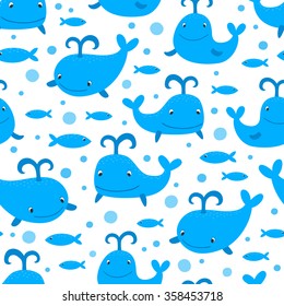 Cartoon marine seamless pattern with whales and fishes in cartoon background in vector.