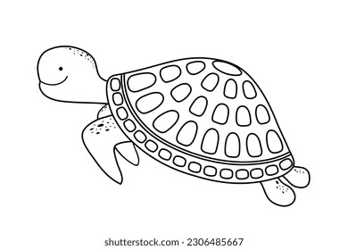 Cartoon marine turtle. Outline of cute smiling sea turtle. Contour. Coloring.