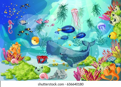 Cartoon marine underwater landscape template with whale fishes jellyfish shells crab seahorse seaweeds corals plants vector illustration