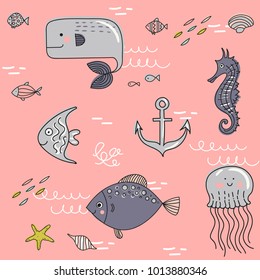 Cartoon marine underwater pattern. Vector.