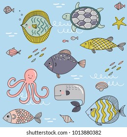 Cartoon marine underwater pattern. Vector.