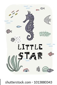 Cartoon marine underwater poster. Vector illustration. T-Shirt Design & Printing, clothes for kids. Little star