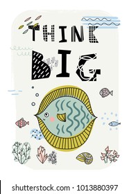 Cartoon marine underwater poster. Vector illustration. T-Shirt Design & Printing, clothes for kids. Think big