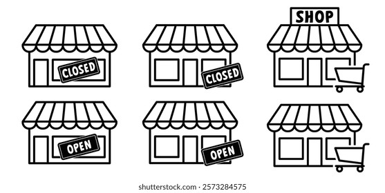 Cartoon Market shop or shop store icon. store building, commercial market place for kiosk, supermarket, store, fast food. Street marketplace. Business shopping hall or shoppingmall with awning. 