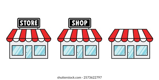 Cartoon Market shop or shop store icon. store building, commercial market place for kiosk, supermarket, store, fast food. Street marketplace. Business shopping hall or shoppingmall with awning. 