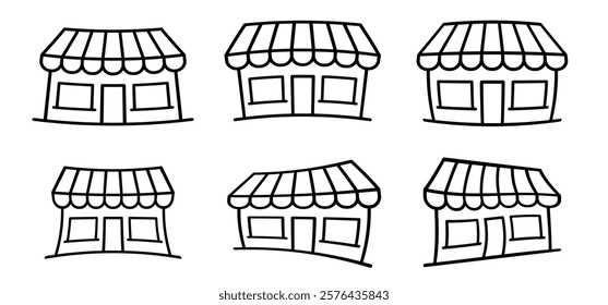 Cartoon Market shop or shop store icon. store building, commercial market place for kiosk, supermarket, store, fast food. Street marketplace. Business shopping hall or shoppingmall with awning. 