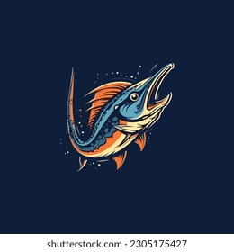 Cartoon marlin fish mascot catches fishing bait.
