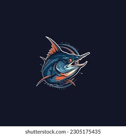 Cartoon marlin fish mascot catches fishing bait.