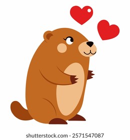 Cartoon marmot falling in love and blowing a kiss that symbolize Valentine's Day.Vector art with white background