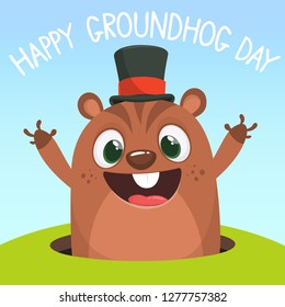 Cartoon marmot groundhog in major hat. Vector illustration. Groundhog day. Party invitation poster or postcard with lettering typography