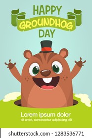 Cartoon marmot groundhog in major hat. Vector illustration. Groundhog day