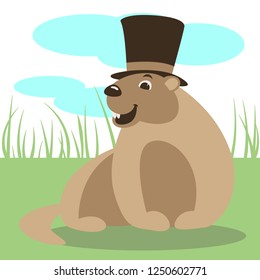 cartoon marmot in hat ,vector illustration ,flat style,  front view