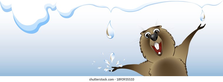 Cartoon marmot with water drops from melted snow.