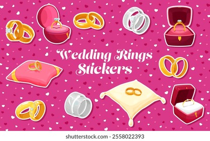 Cartoon marriage and wedding golden rings, engagement jewelry box case and pillows. Marriage ceremony stickers pack. Vector bridal Valentine day patches with gold rings on pink background with hearts