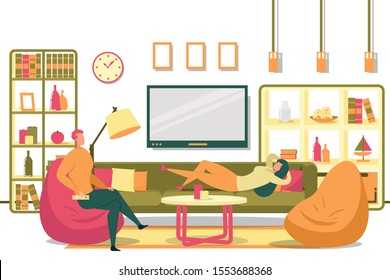 Cartoon Married Couple in Living Room Vector Illustration. Man with Remote Control Sitting in Chair. Woman Lying on Couch. Husband Wife Watch Tv Series Movie. Relaxing Evening Together at Home