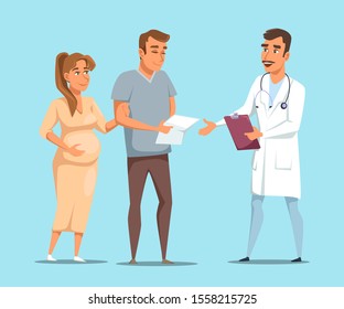 Cartoon married couple on doctors consultation isolated on blue. Pregnant woman and man studying medical insurance form. Wife and husband talking to medic specialist. Vector flat illustration