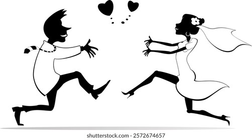 Cartoon married wedding couple. 
Heart symbols. Happy man and woman with open arms running to meet one another. Black and white illustration
