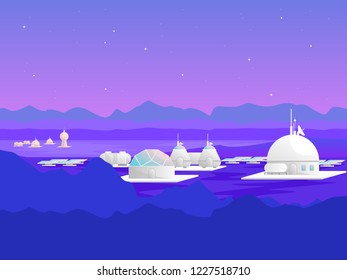 Cartoon Mars Colonization Card Poster for Ad Landscape Background Cosmo Mission and Exploration Concept Flat Design. Vector illustration of Panorama