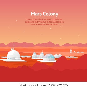 Cartoon Mars Colonization Card Poster and Text Landscape Background Cosmo Mission and Exploration Concept Flat Design. Vector illustration of Panorama