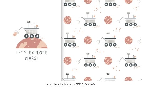 Cartoon Mars Rover And Planet Seamless Pattern