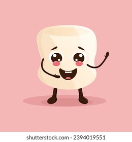 Cartoon marshmallow with arms and legs in kawaii style. Marshmallow character design. Marshmallow vector on pink background